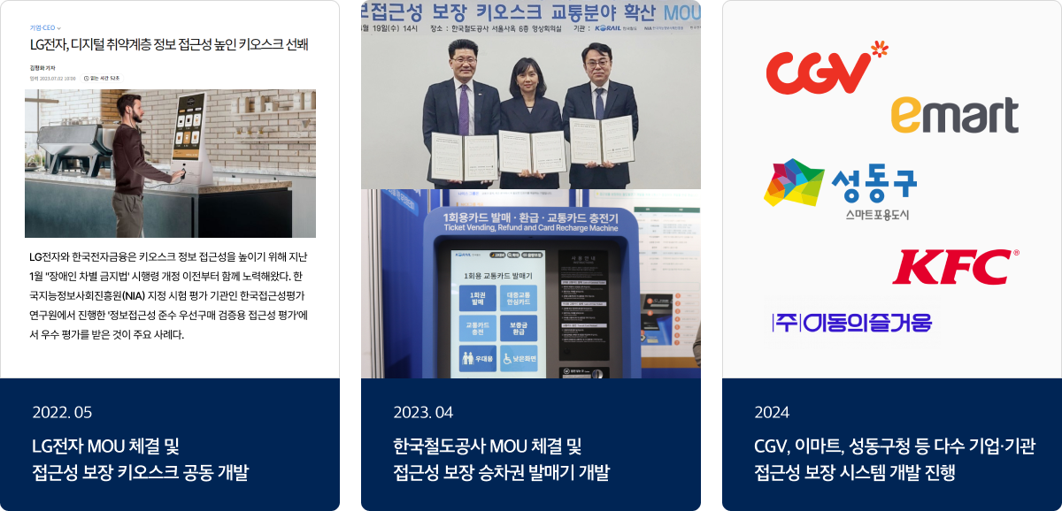 2022.05 LG전자 MOU 체결 및 접근성 보장 키오스크 공동개발, 2023.04 한국철도공사 MOU 체결 및 접근성 보장 승차권 발매기 개발, 2024 CGV,이마트,성동구청 등 다수 기업·기관 접근성 보장 시스템 개발 진행 