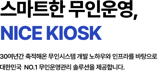 스마트한 무인운영, NICE KIOSK 30여년간 축적해온 무인시스템 개발 노하우와 인프라를 바탕으로 대한민국  NO.1 무인운영관리 솔루션을 제공합니다.